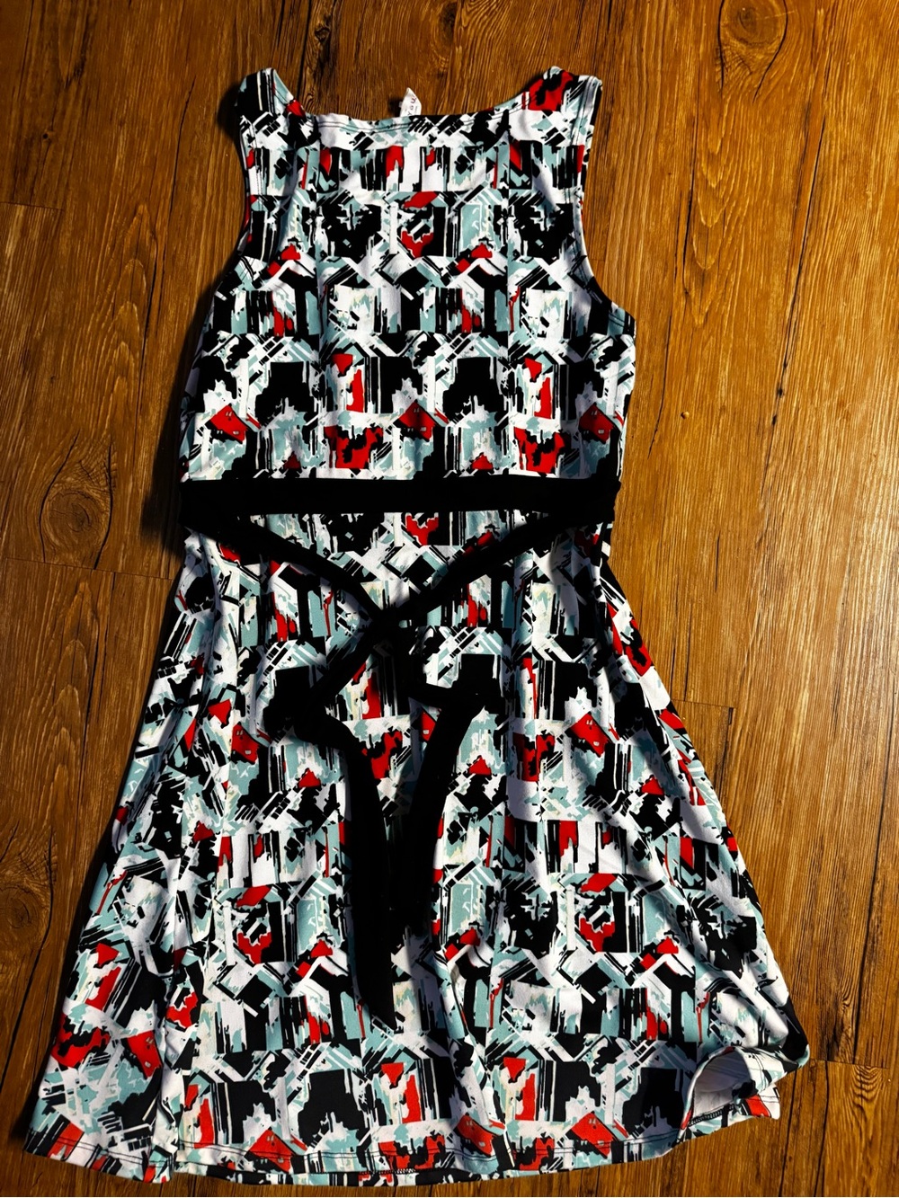 Soybu Black, White & Red Geometric Fit-and-Flare Midi Dress